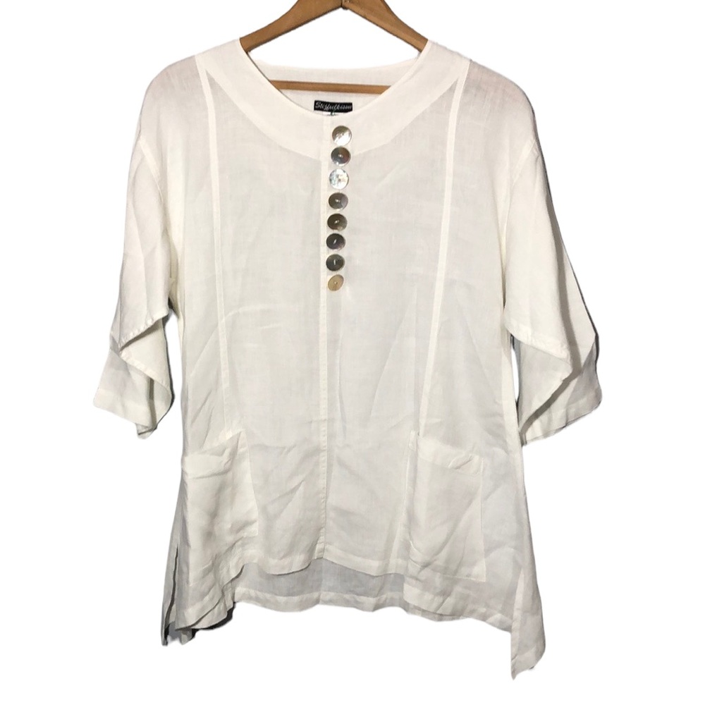 STIJFSELKISSIE | White 100% Linen Lagenlook 3/4 Sleeve Tunic Top size Small